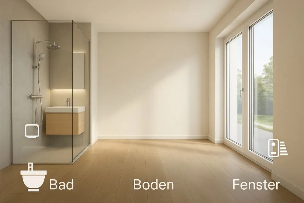 Sanierter Innenraum: Bäder, Böden, Wände, effiziente Fenster.